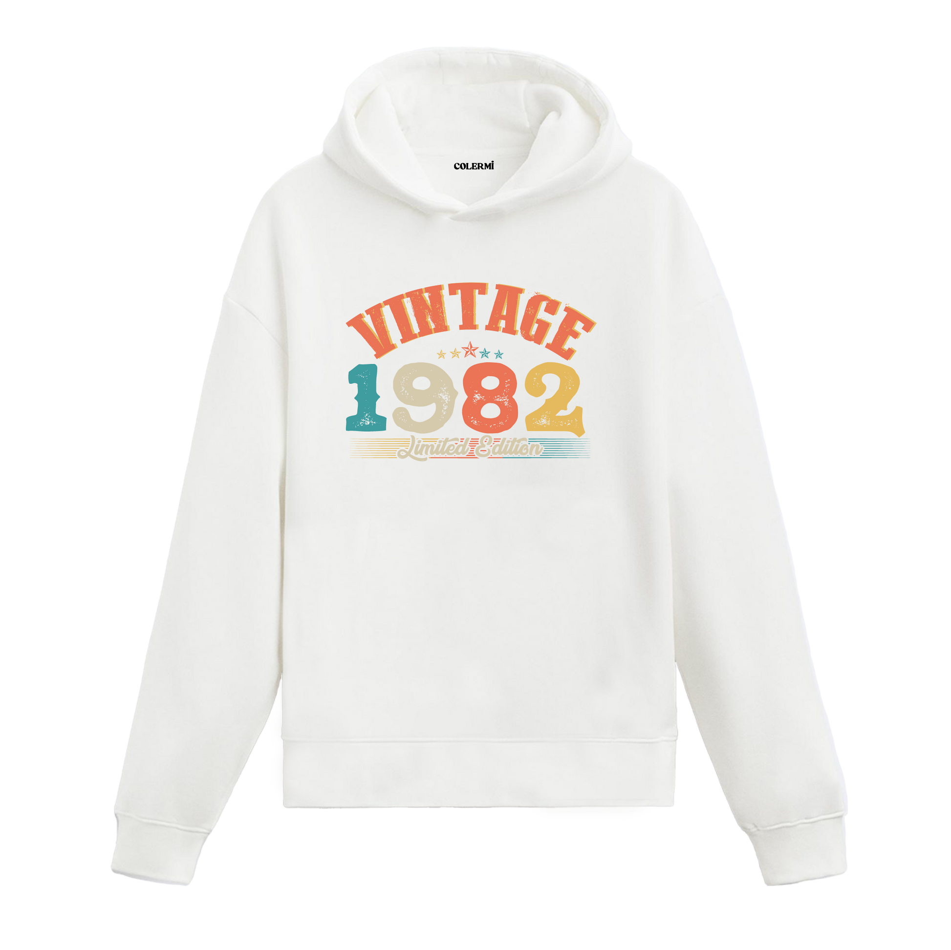 1982 yılına özel tasarlanmış beyaz Vintage Hoodie Echo, retro yazı ve yıl baskılı modern hoodie modeli.