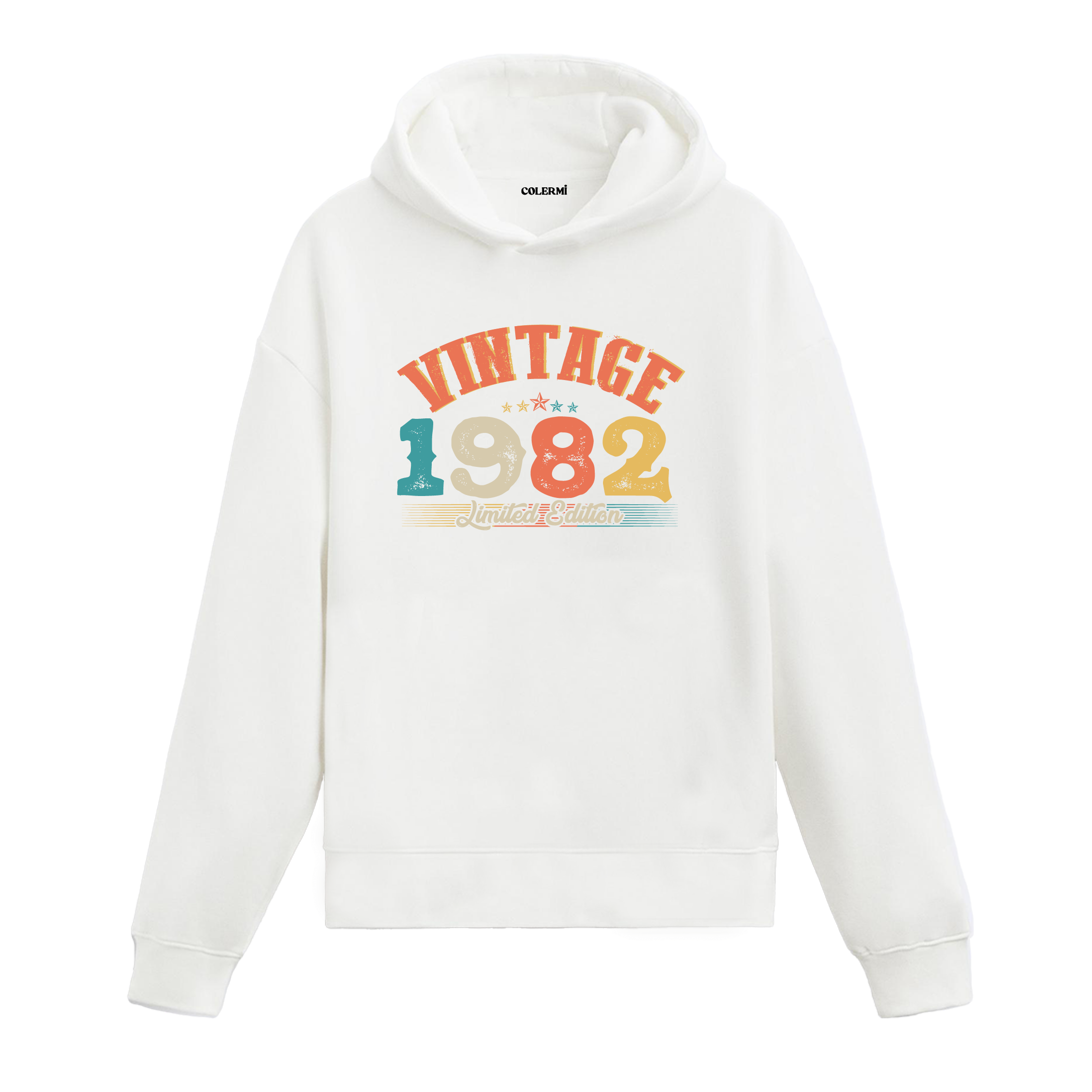1982 yılına özel tasarlanmış beyaz Vintage Hoodie Echo, retro yazı ve yıl baskılı modern hoodie modeli.
