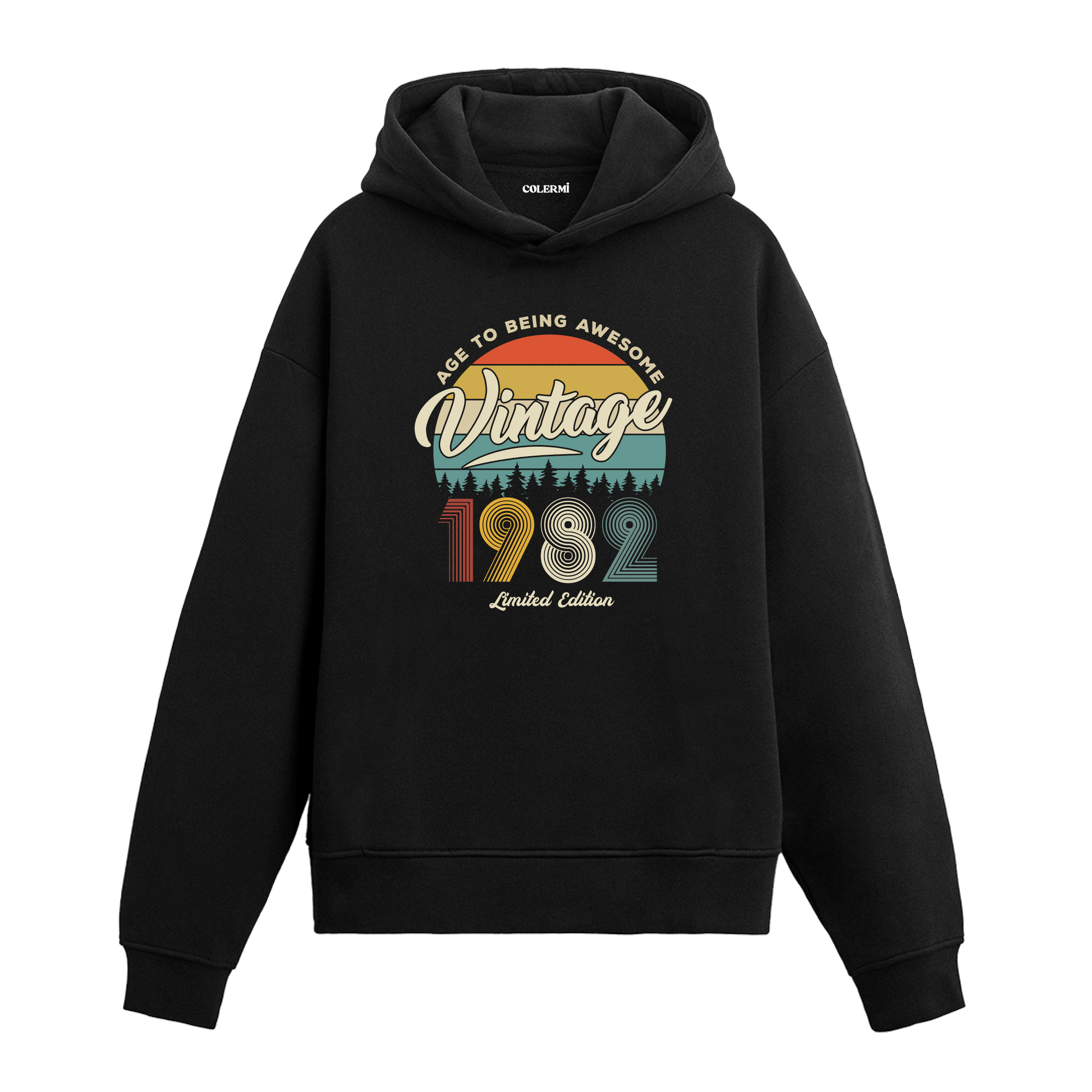 1982 Vintage Hoodie, retro yıl baskılı siyah pamuklu nostalji hoodie.