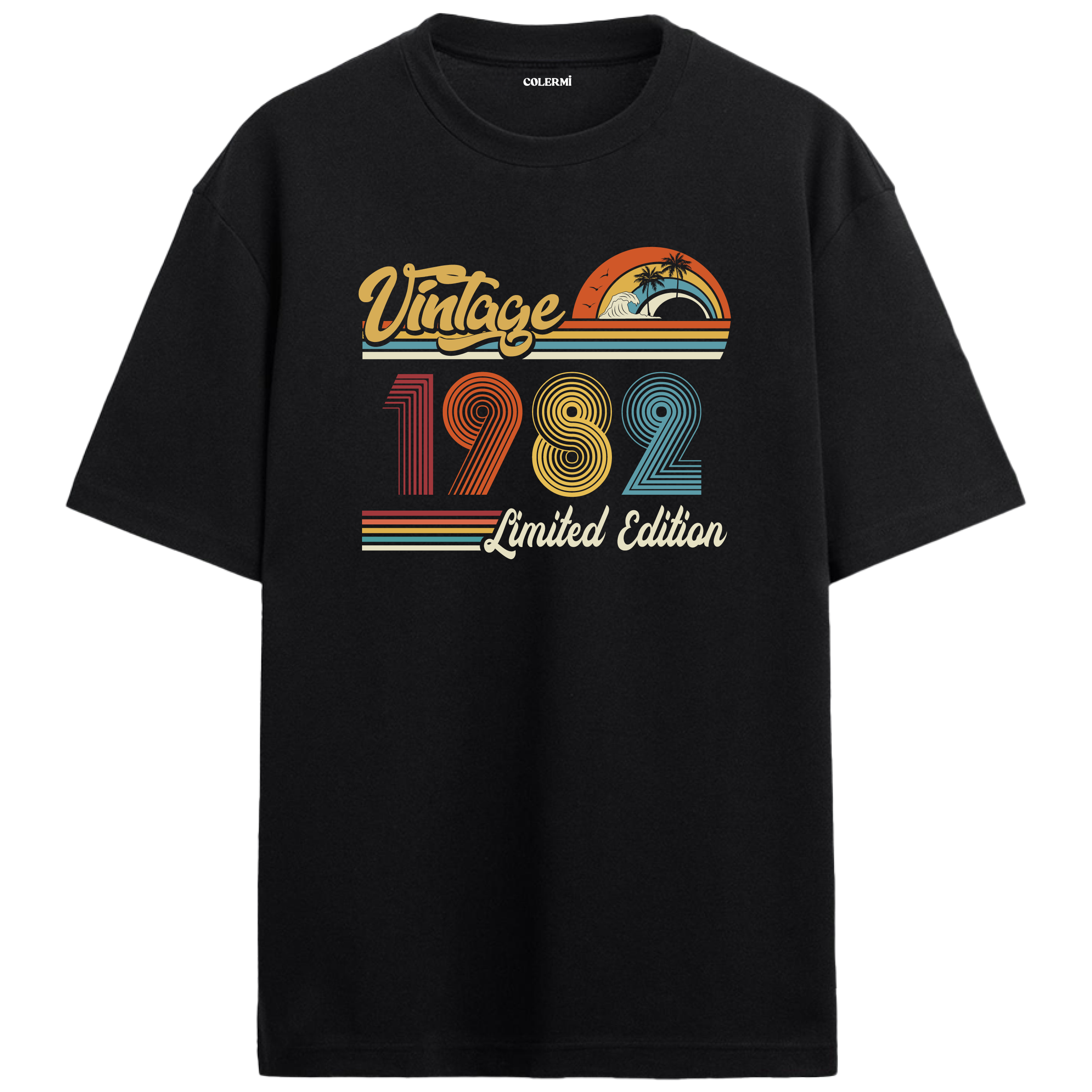 1982 Vintage siyah oversize tişört, retro baskısıyla nostaljik bir doğum günü hediyesi seçeneği sunar.