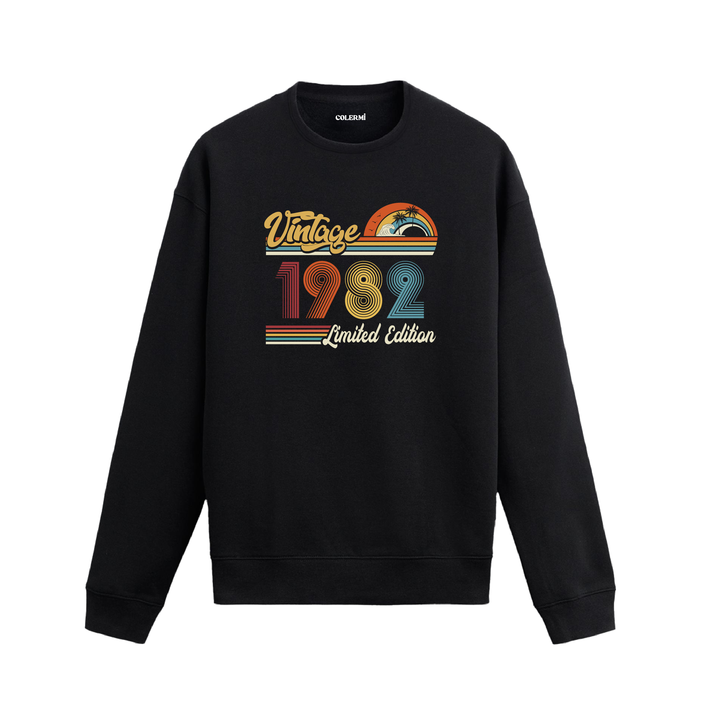 1982 Vintage sweatshirt, retro tasarım detaylı siyah sweatshirt
