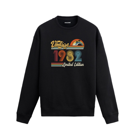 1982 Vintage sweatshirt, retro tasarım detaylı siyah sweatshirt