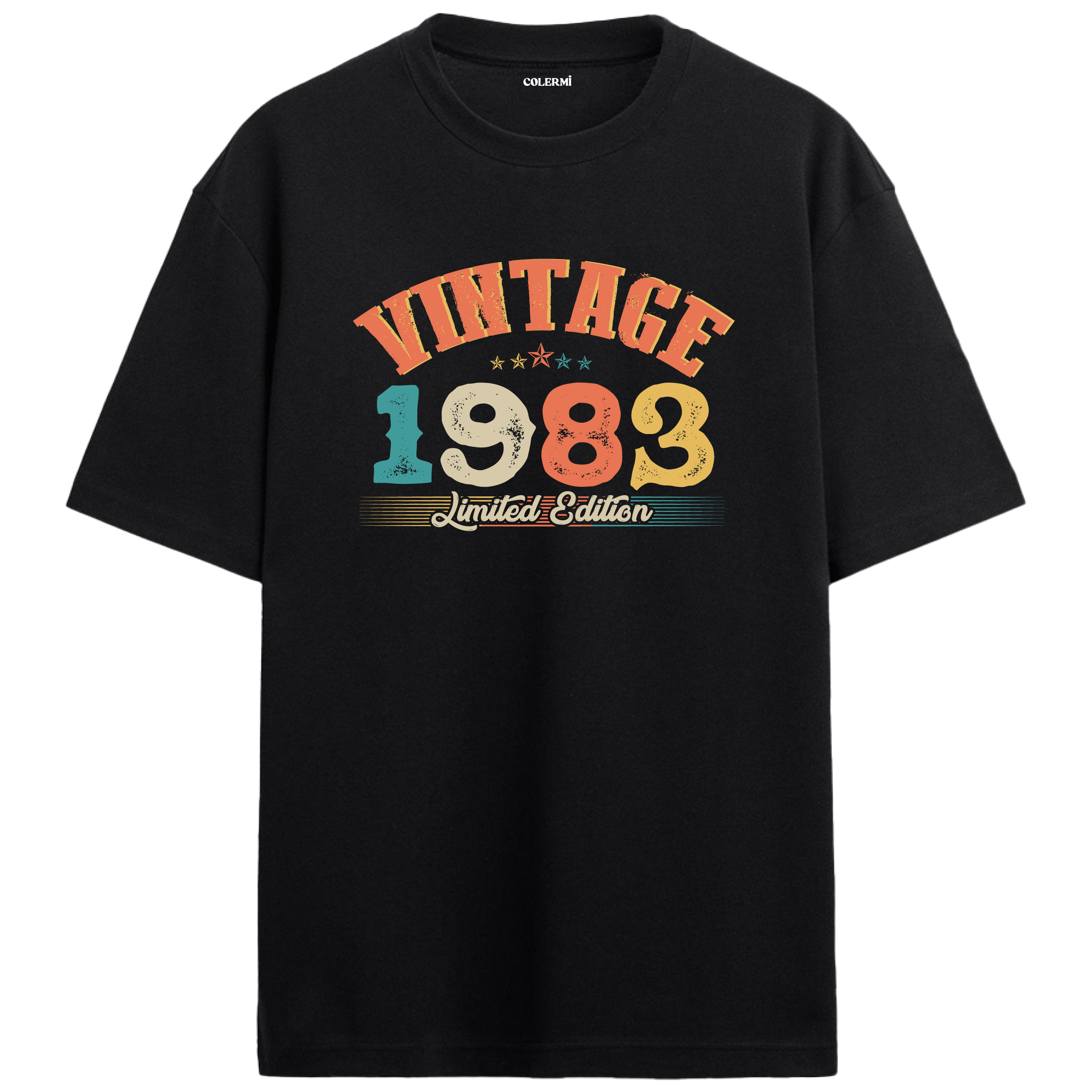 1983 Vintage Echo siyah oversize tişört, pamuk kumaşıyla yumuşak ve rahat bir doğum günü hediyesi seçeneği sunar.