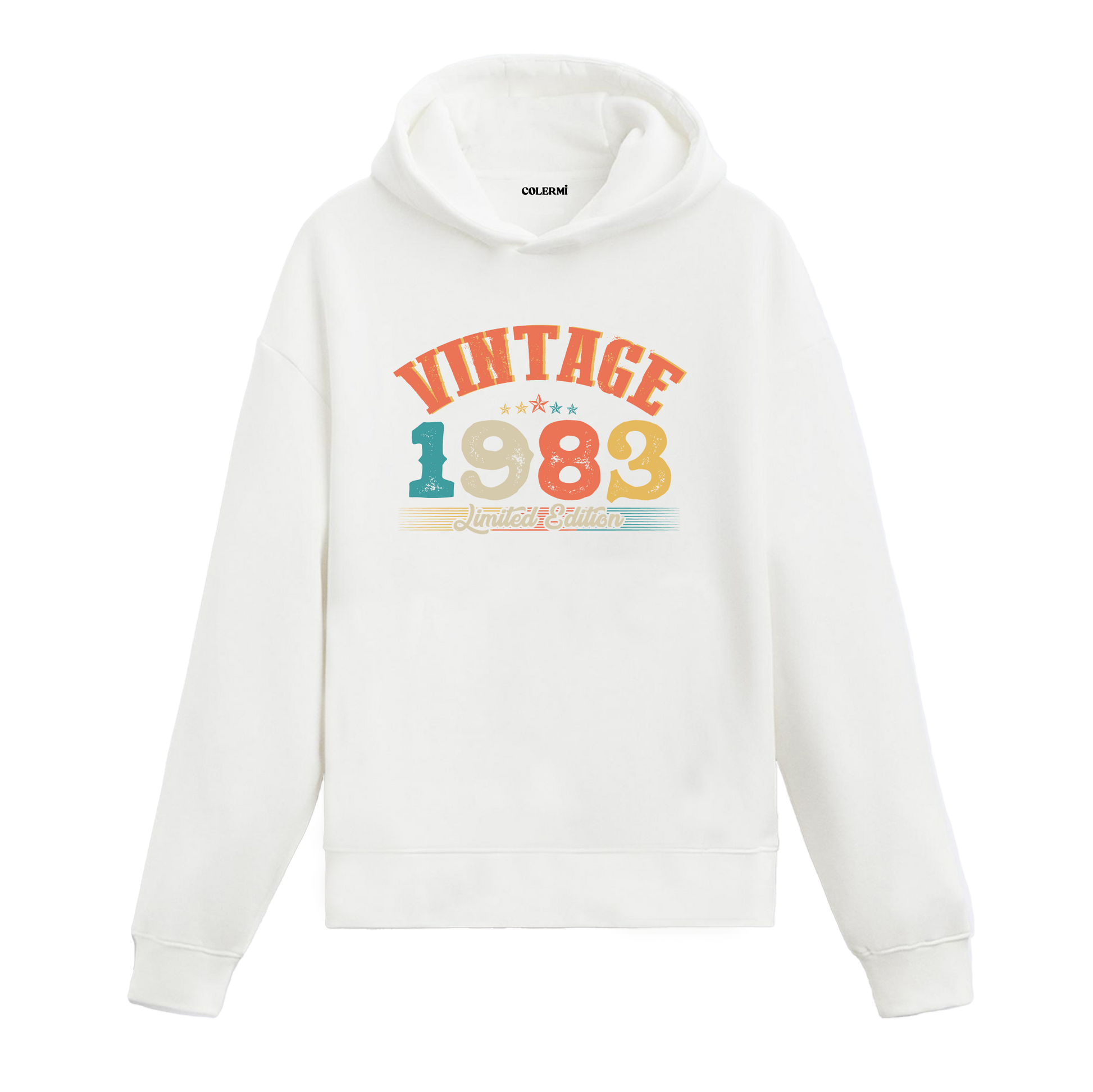 1983 yılına özel tasarlanmış beyaz Vintage Hoodie Echo, retro yazı ve yıl baskılı modern hoodie modeli.