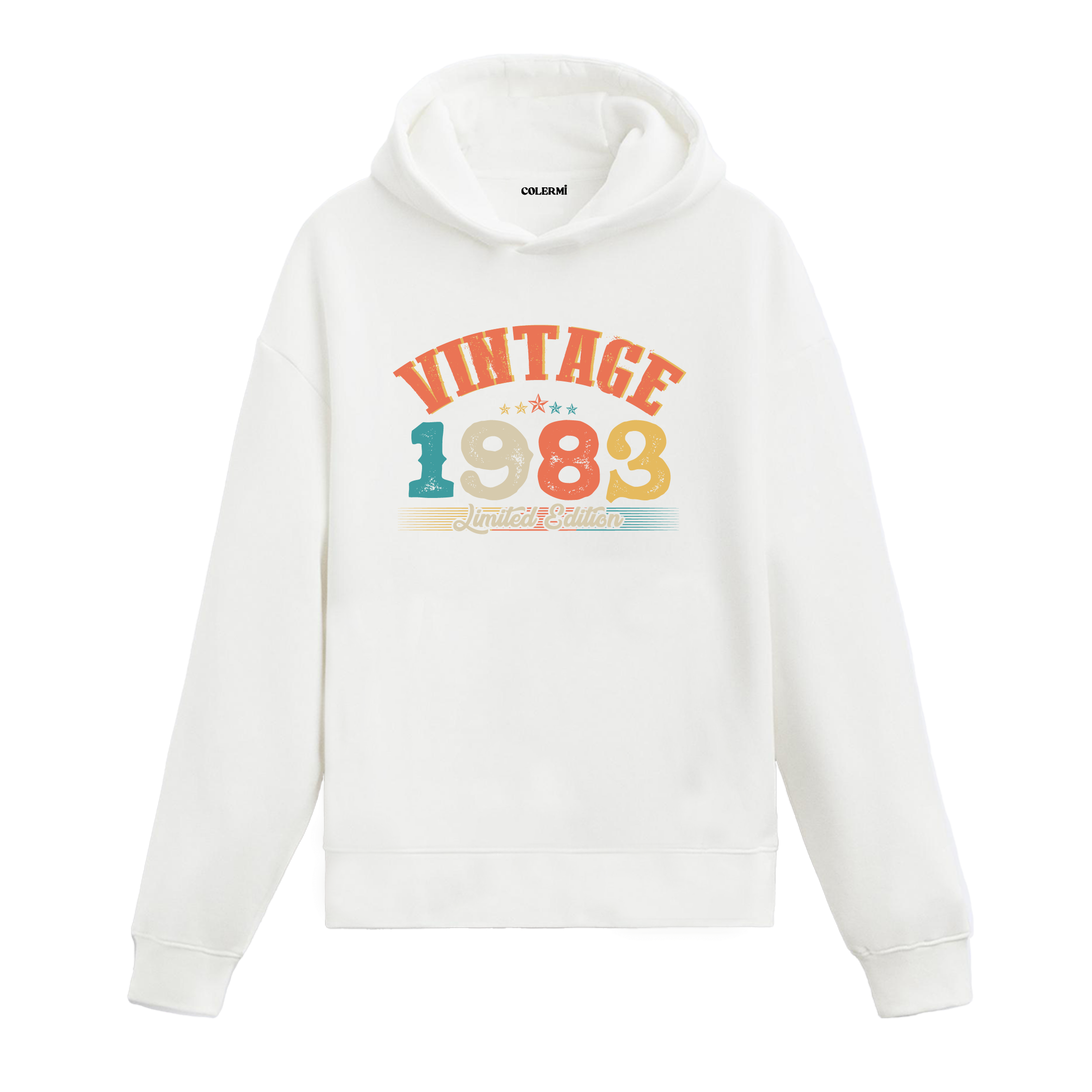 1983 yılına özel tasarlanmış beyaz Vintage Hoodie Echo, retro yazı ve yıl baskılı modern hoodie modeli.