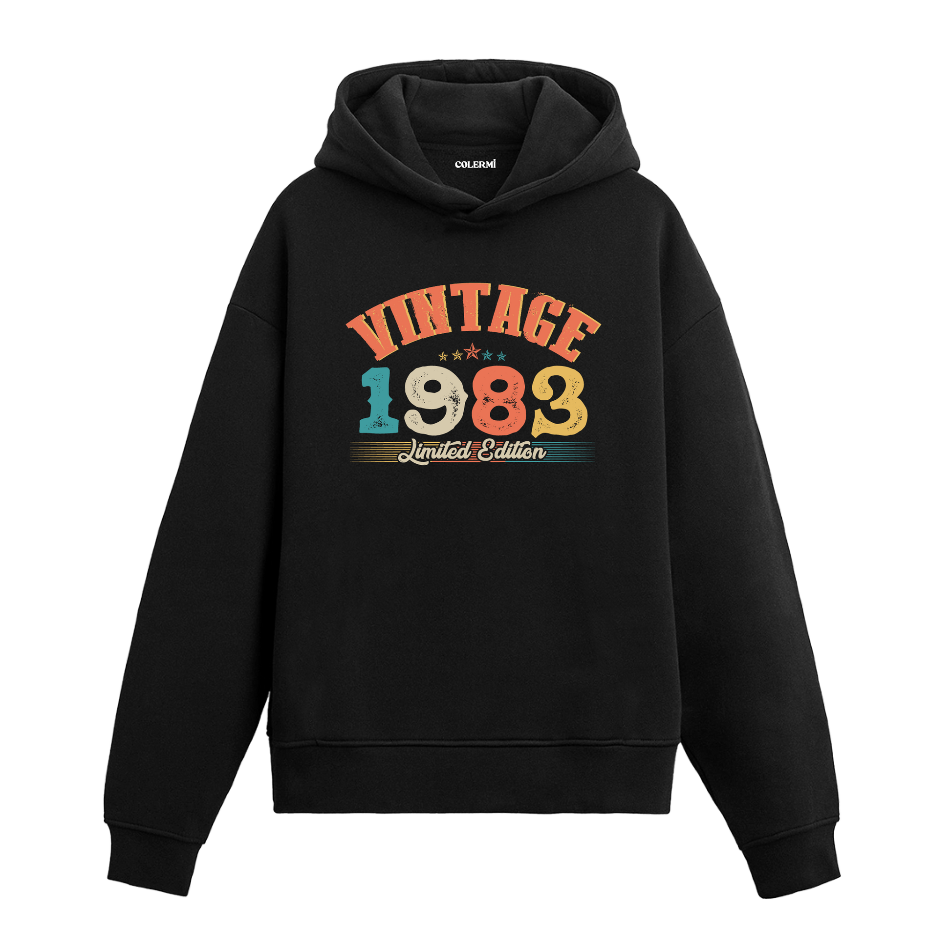 1983 yılına özel tasarlanmış siyah Vintage Hoodie Echo, retro yazı ve yıl baskılı modern hoodie modeli.