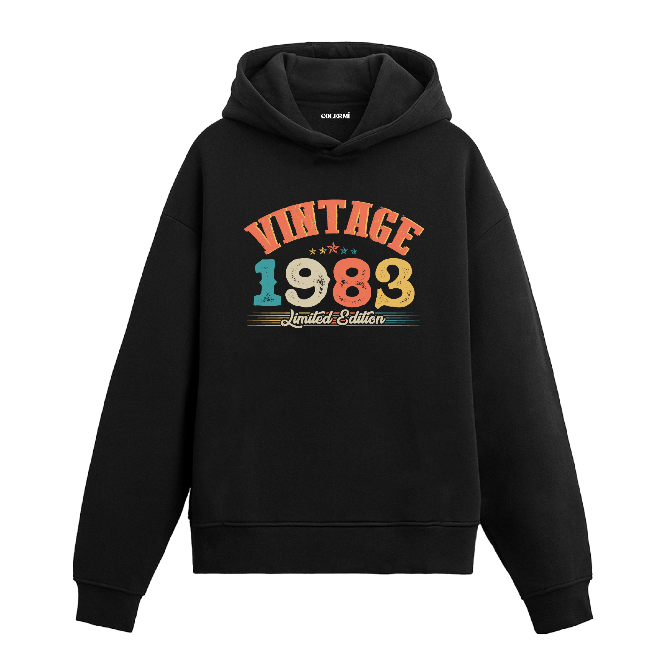 1983 yılına özel tasarlanmış siyah Vintage Hoodie Echo, retro yazı ve yıl baskılı modern hoodie modeli.