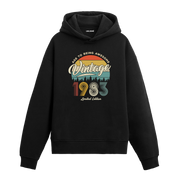 1983 Vintage Hoodie, retro baskılı siyah pamuklu nostalji hoodie.