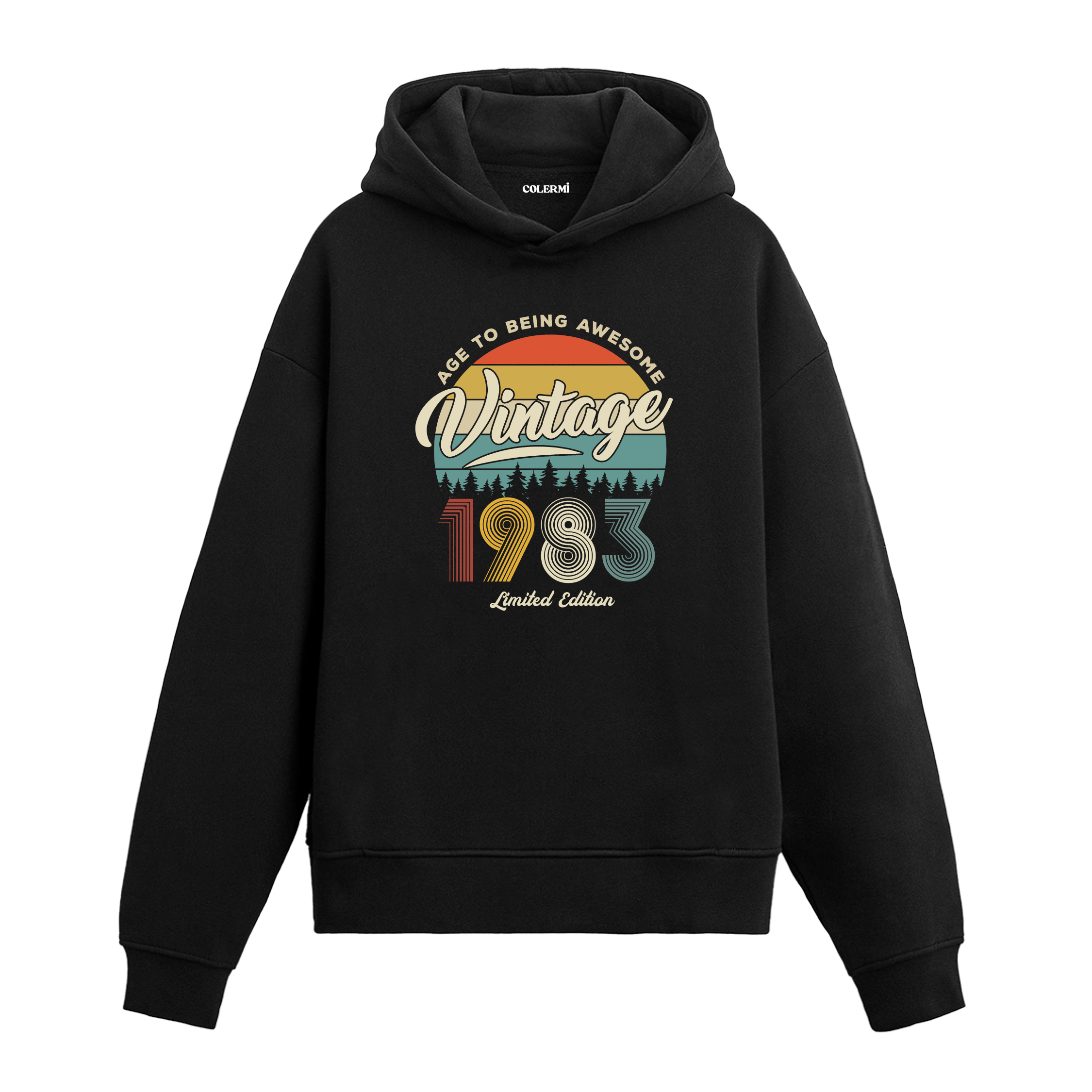 1983 Vintage Hoodie, retro baskılı siyah pamuklu nostalji hoodie.