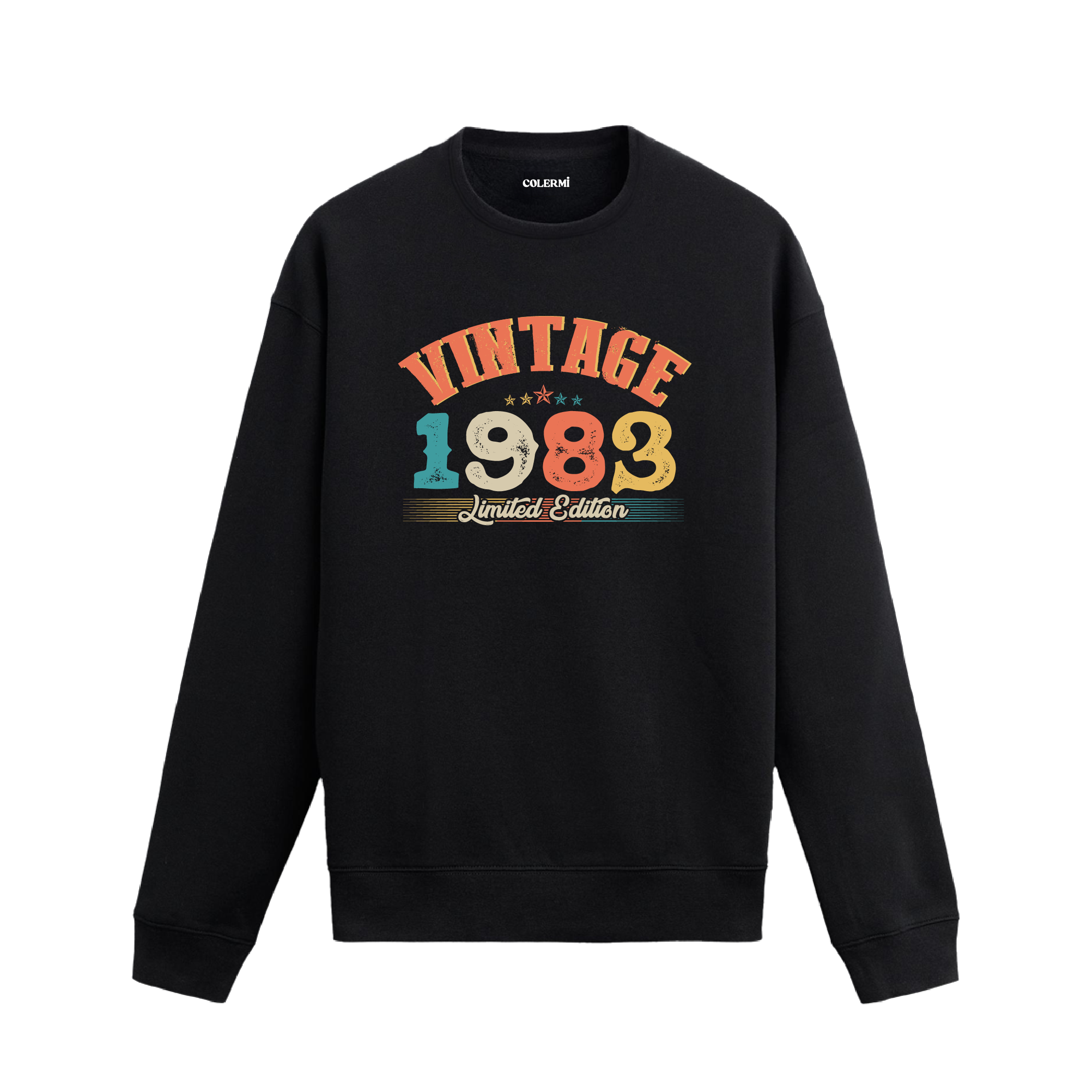 1983 yılına özel siyah Vintage Sweatshirt Echo, retro tasarım detaylı yıl baskılı sweatshirt modeli.
