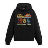 1984 doğum tarihli retro baskılı siyah vintage hoodie