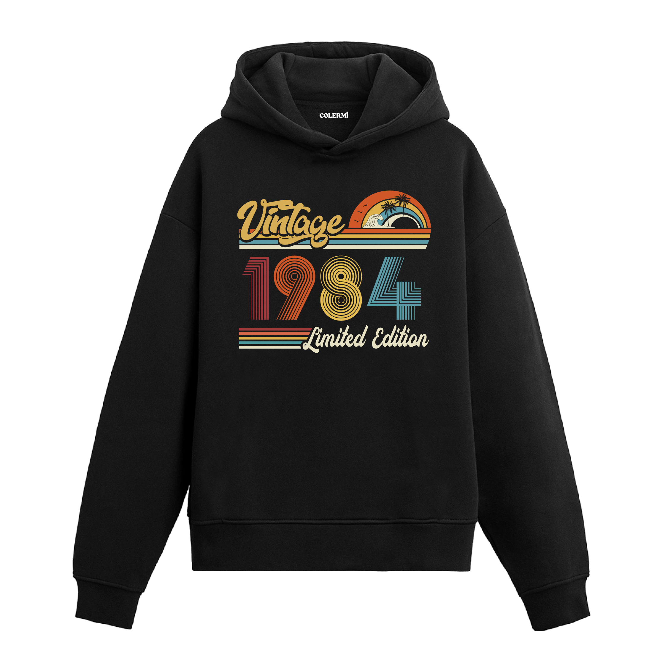 1984 doğum tarihli retro baskılı siyah vintage hoodie