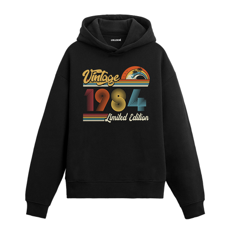 1984 doğum tarihli retro baskılı siyah vintage hoodie