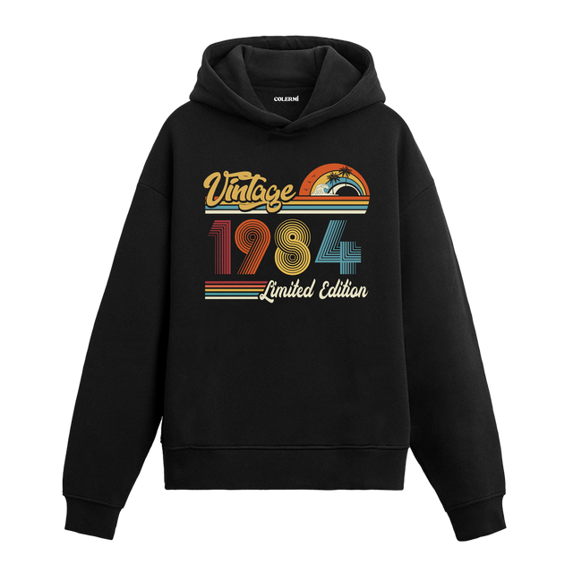 1984 doğum tarihli retro baskılı siyah vintage hoodie