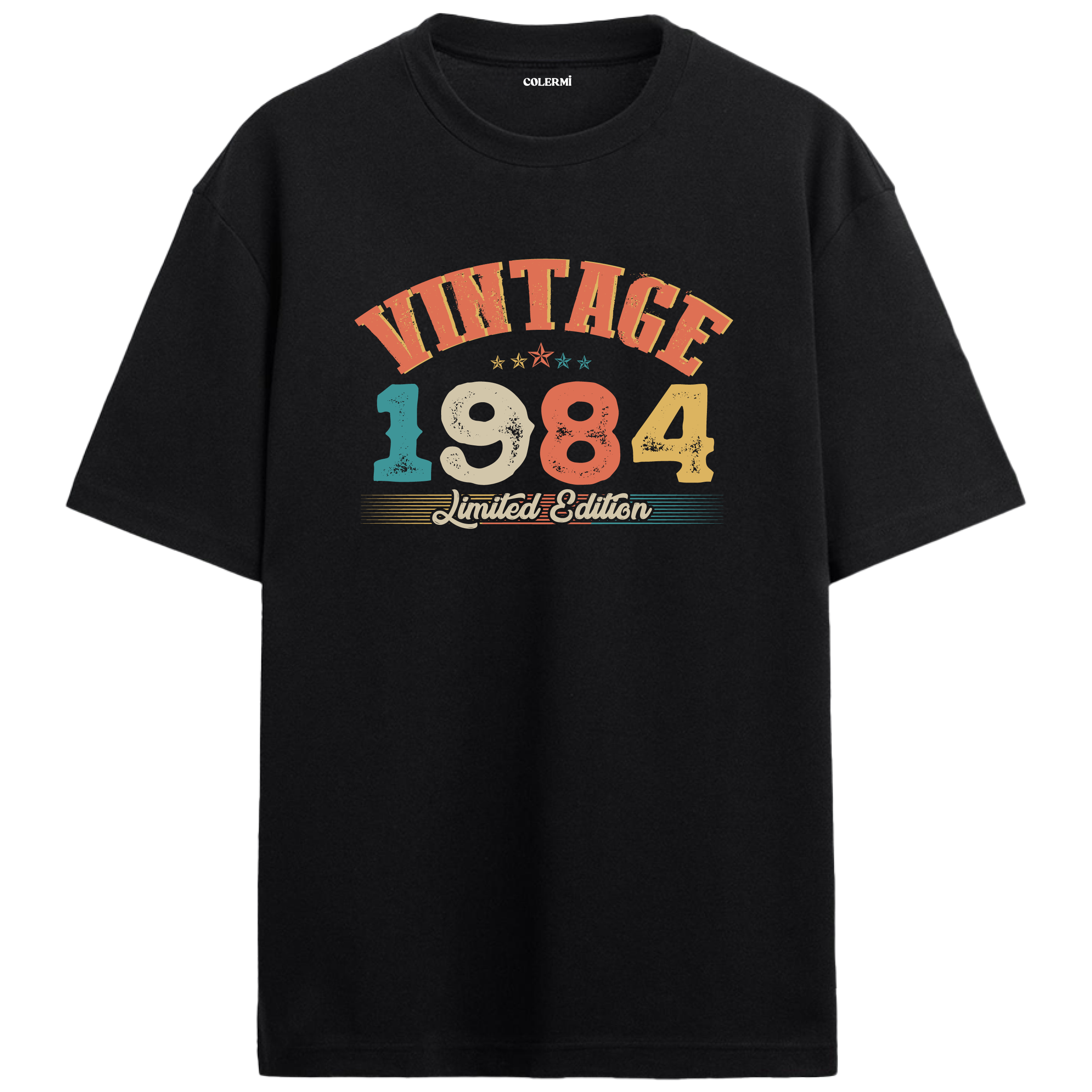 1984 Vintage Echo siyah oversize tişört, pamuk kumaşıyla yumuşak ve rahat bir doğum günü hediyesi seçeneği sunar.