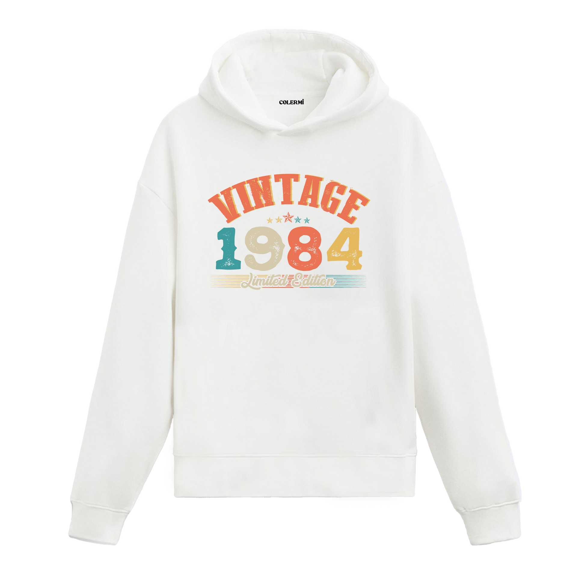 1984 yılına özel tasarlanmış beyaz Vintage Hoodie Echo, retro yazı ve yıl baskılı modern hoodie modeli.
