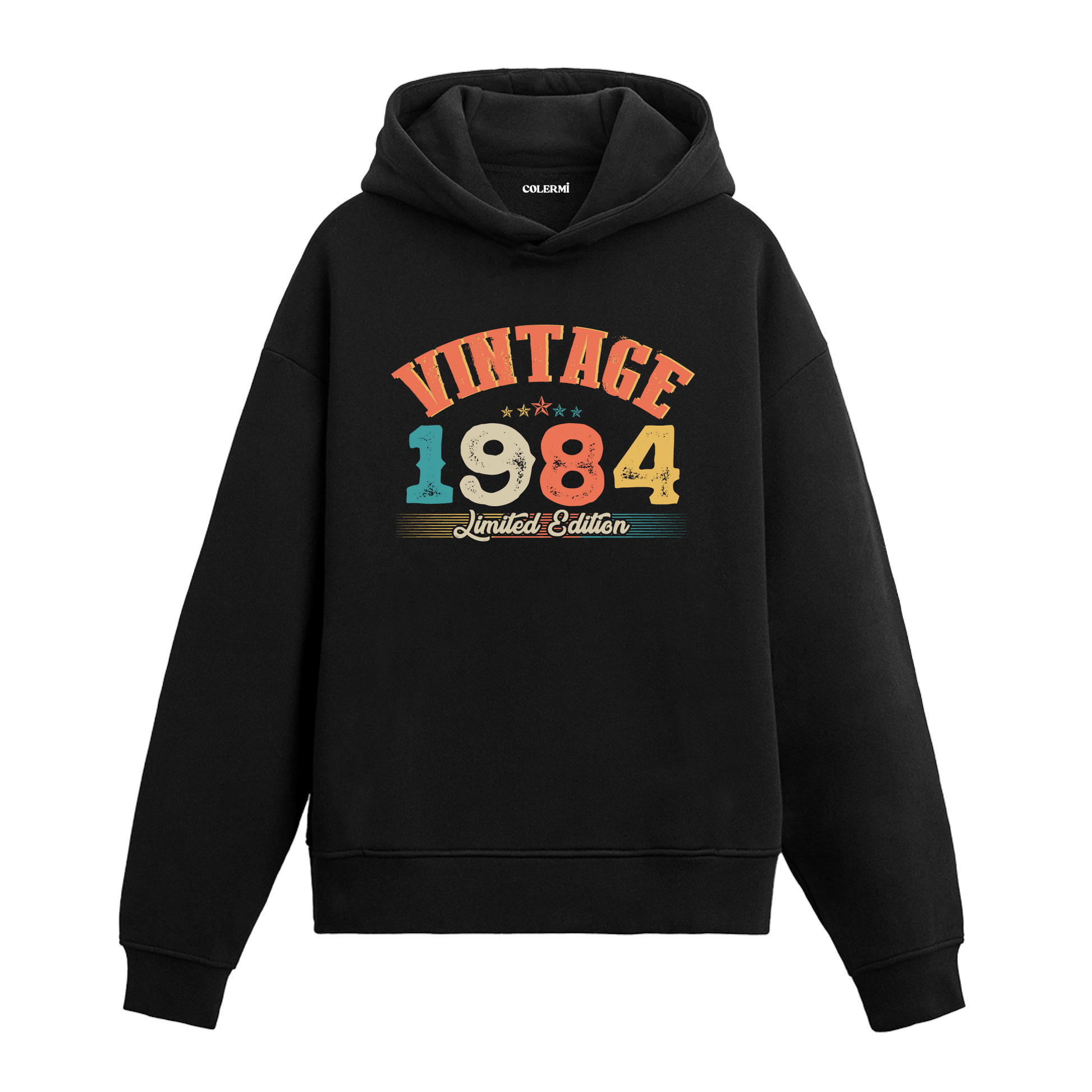 1984 yılına özel tasarlanmış siyah Vintage Hoodie Echo, retro yazı ve yıl baskılı modern hoodie modeli.