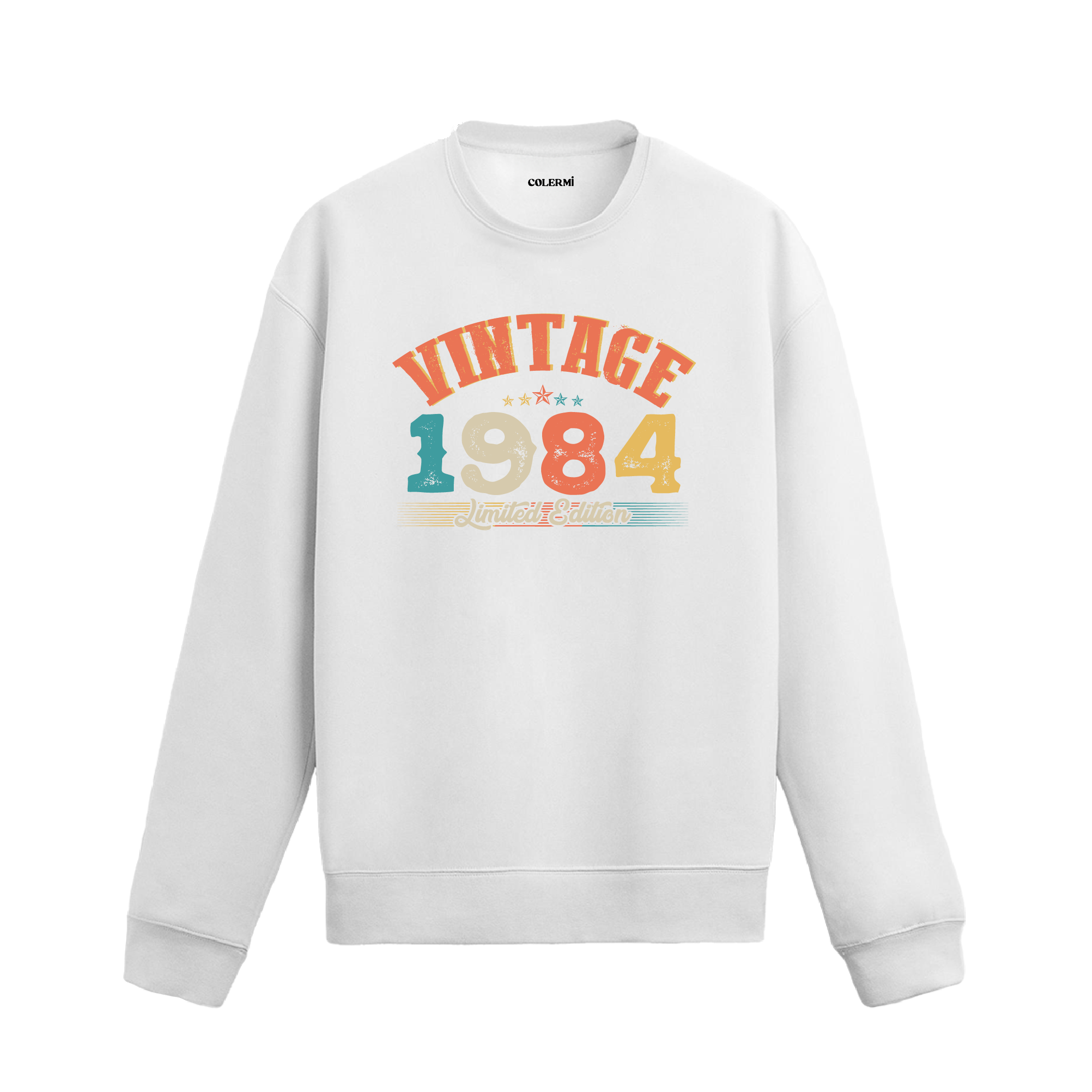 1984 yılına özel beyaz Vintage Sweatshirt Echo, retro tasarım detaylı yıl baskılı sweatshirt modeli.