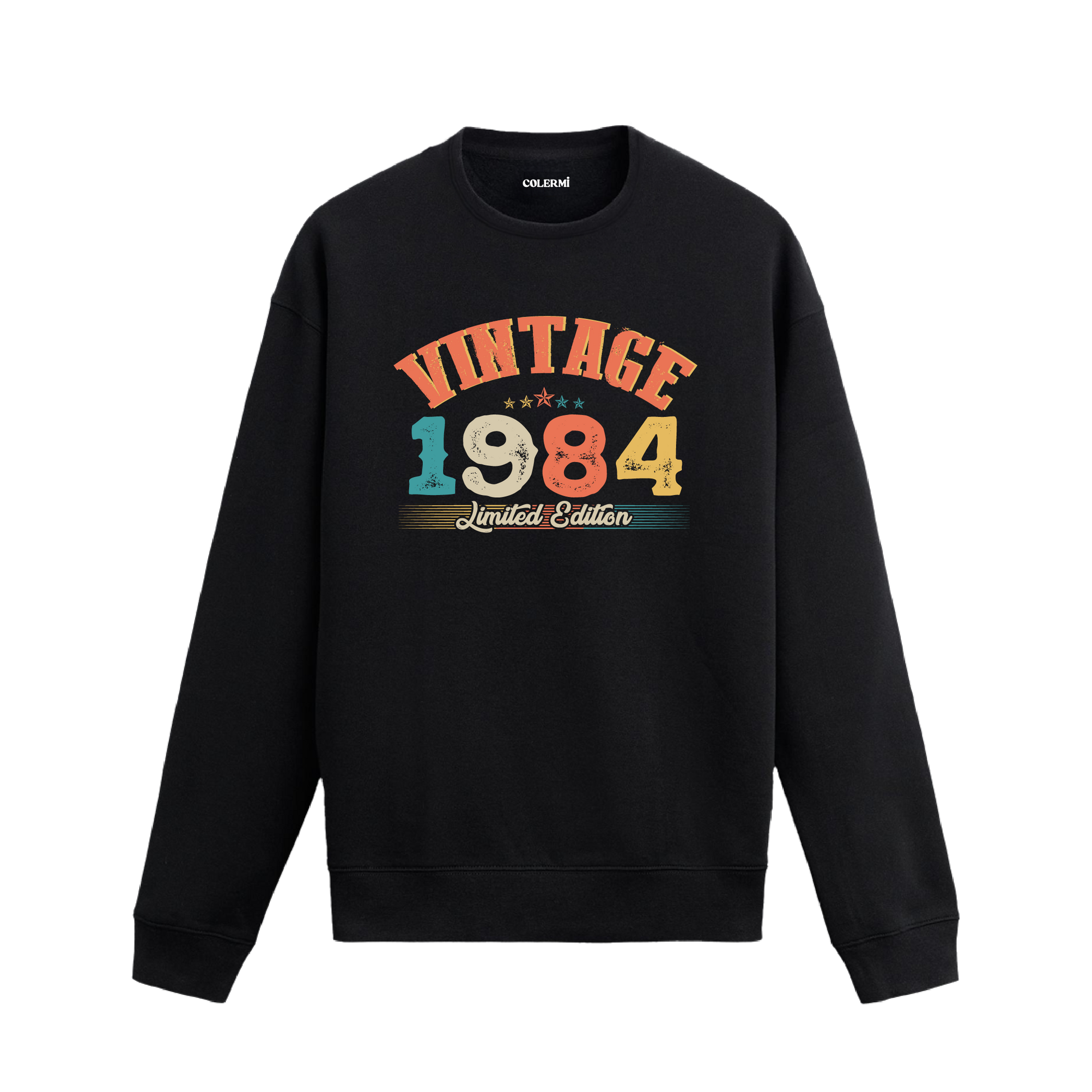 1984 yılına özel siyah Vintage Sweatshirt Echo, retro tasarım detaylı yıl baskılı sweatshirt modeli.