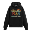 1985 doğum tarihli retro baskılı siyah vintage hoodie
