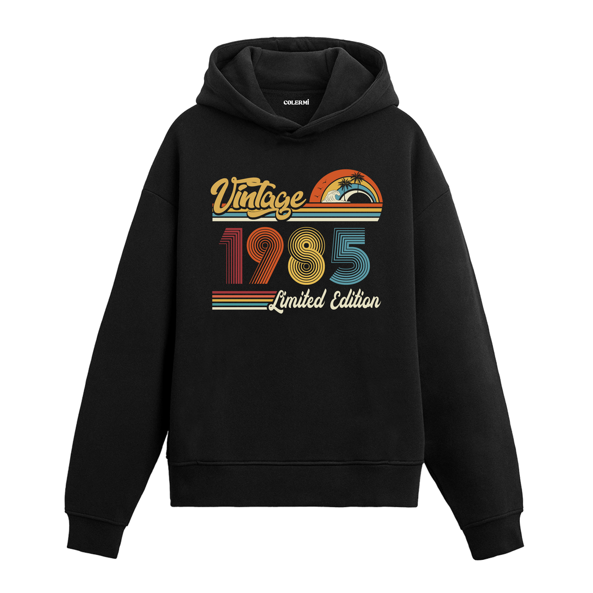 1985 doğum tarihli retro baskılı siyah vintage hoodie