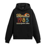 1985 doğum tarihli retro baskılı siyah vintage hoodie