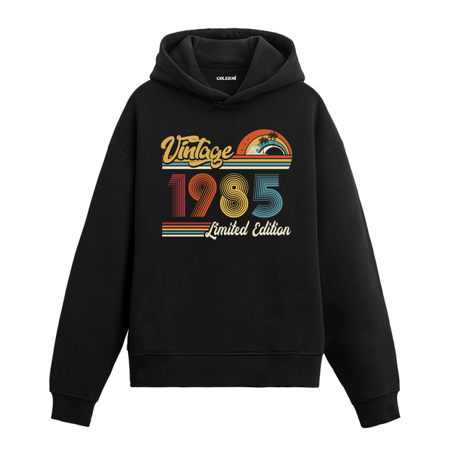 1985 doğum tarihli retro baskılı siyah vintage hoodie