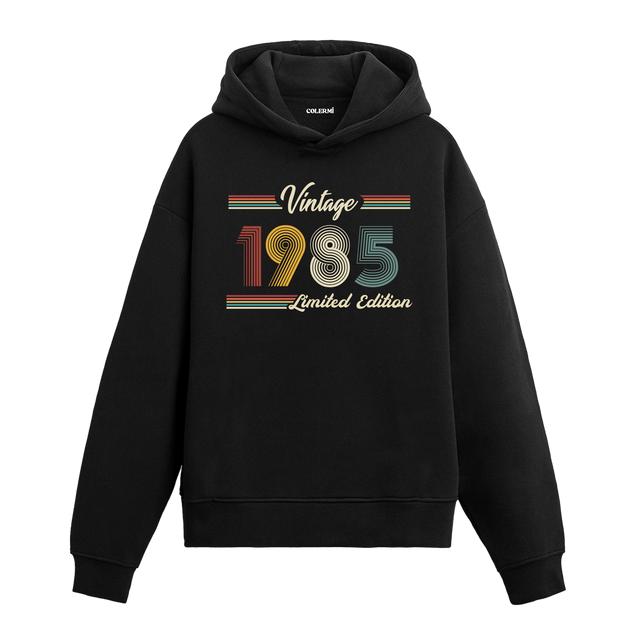 1985 doğumlu kişiler için tasarlanmış siyah klasik vintage hoodie