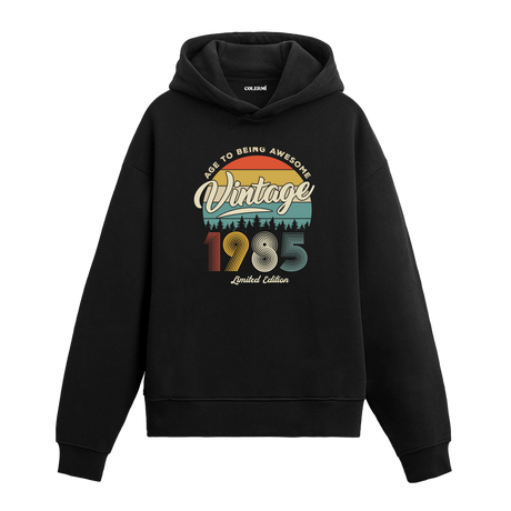 1985 Vintage Hoodie, retro baskılı siyah pamuklu nostalji hoodie.