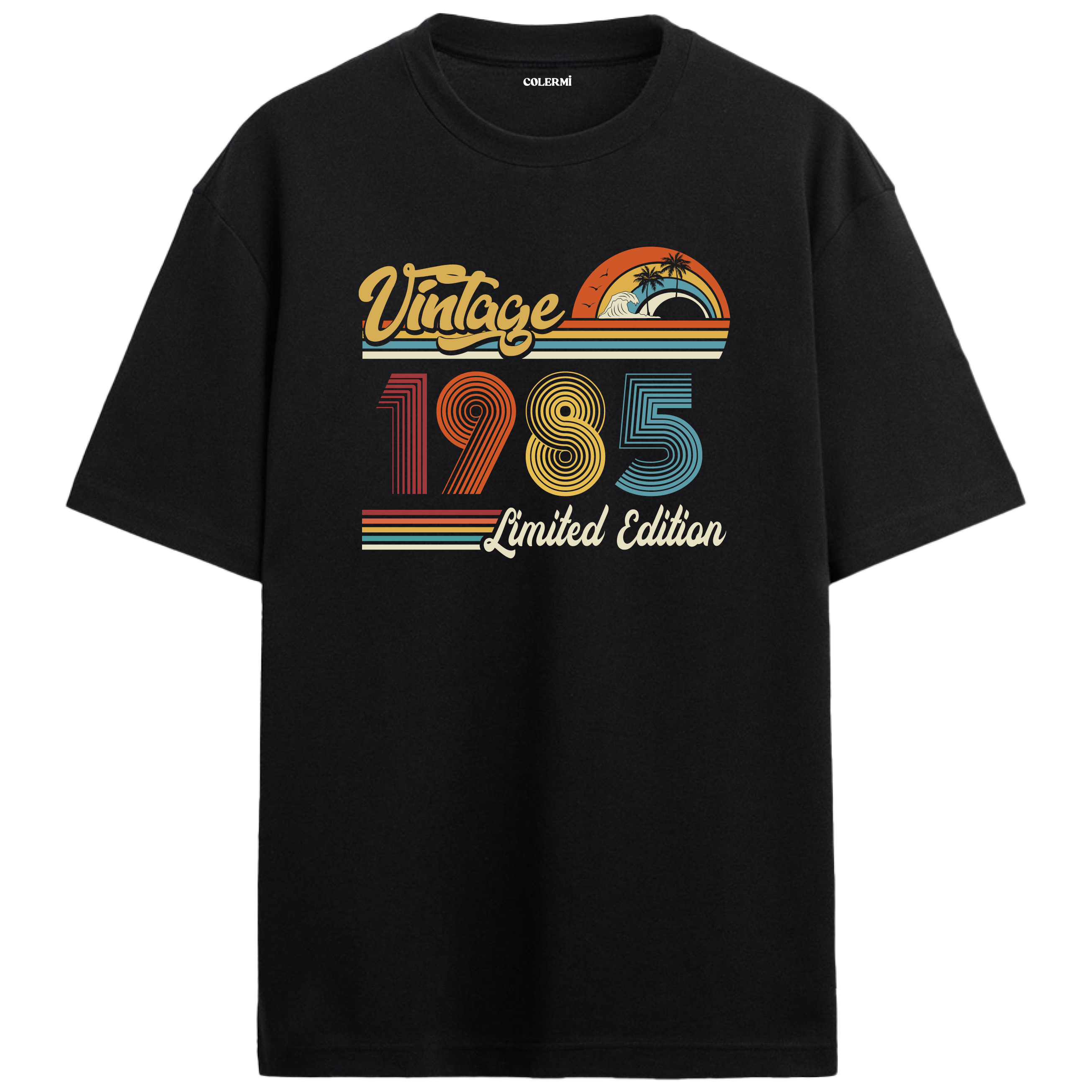 1985 Vintage siyah oversize tişört, retro baskısıyla nostaljik bir doğum günü hediyesi seçeneği sunar.