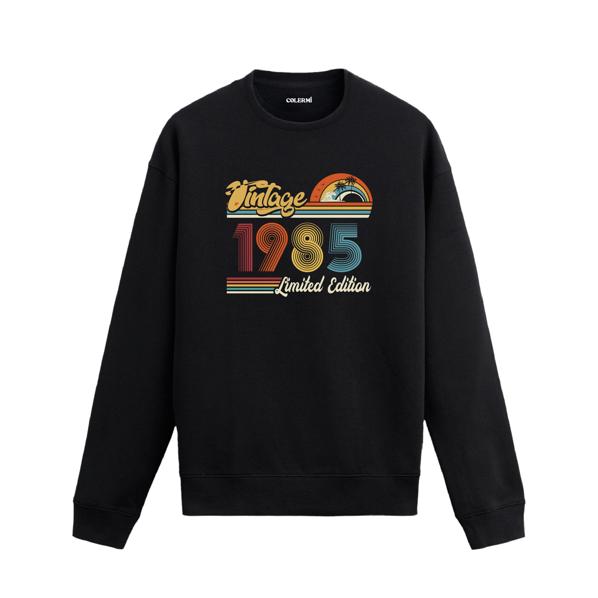 1985 Vintage sweatshirt, retro baskılı siyah sweatshirt