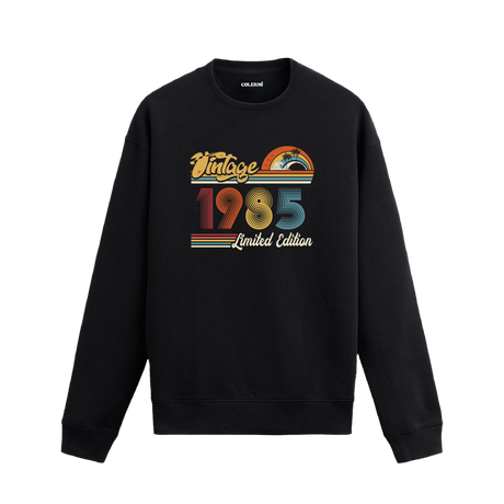 1985 Vintage sweatshirt, retro baskılı siyah sweatshirt