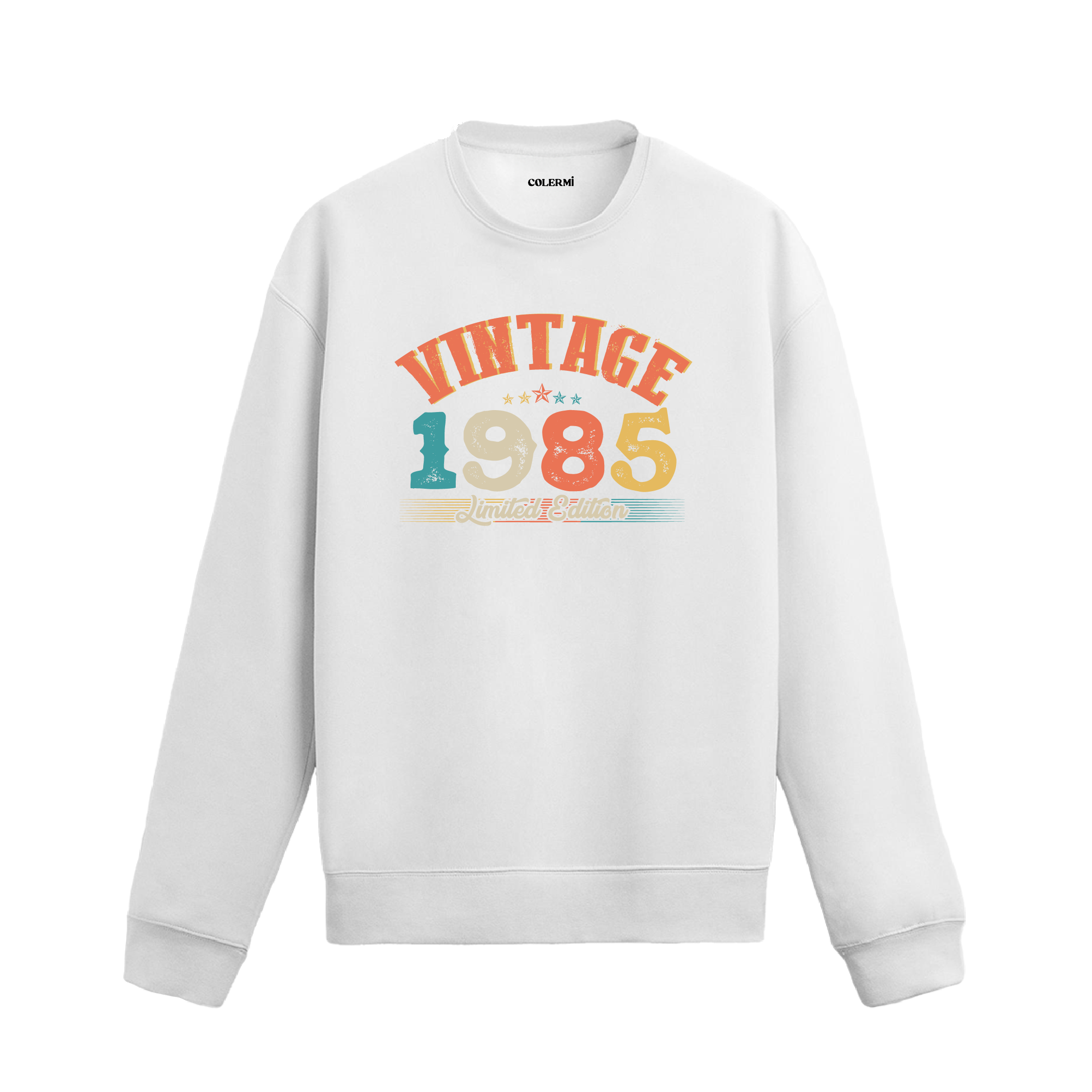 1985 yılına özel beyaz Vintage Sweatshirt Echo, retro tasarım detaylı yıl baskılı sweatshirt modeli.