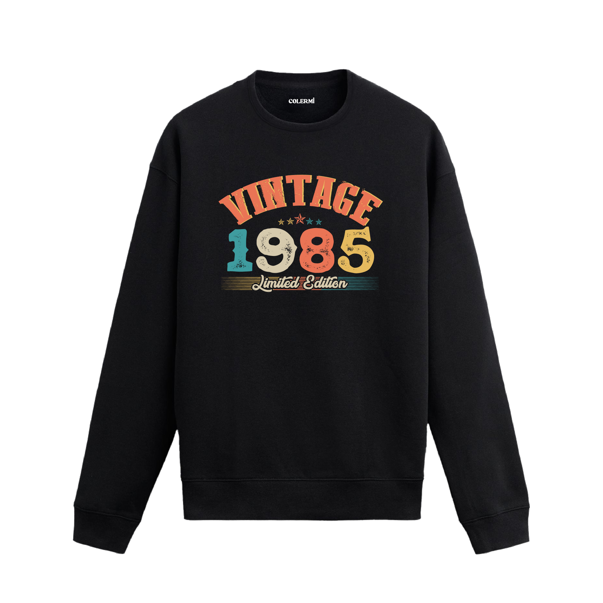 1985 yılına özel siyah Vintage Sweatshirt Echo, retro tasarım detaylı yıl baskılı sweatshirt modeli.