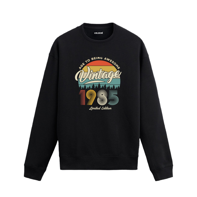 1985 yılı baskılı siyah retro vintage sweatshirt