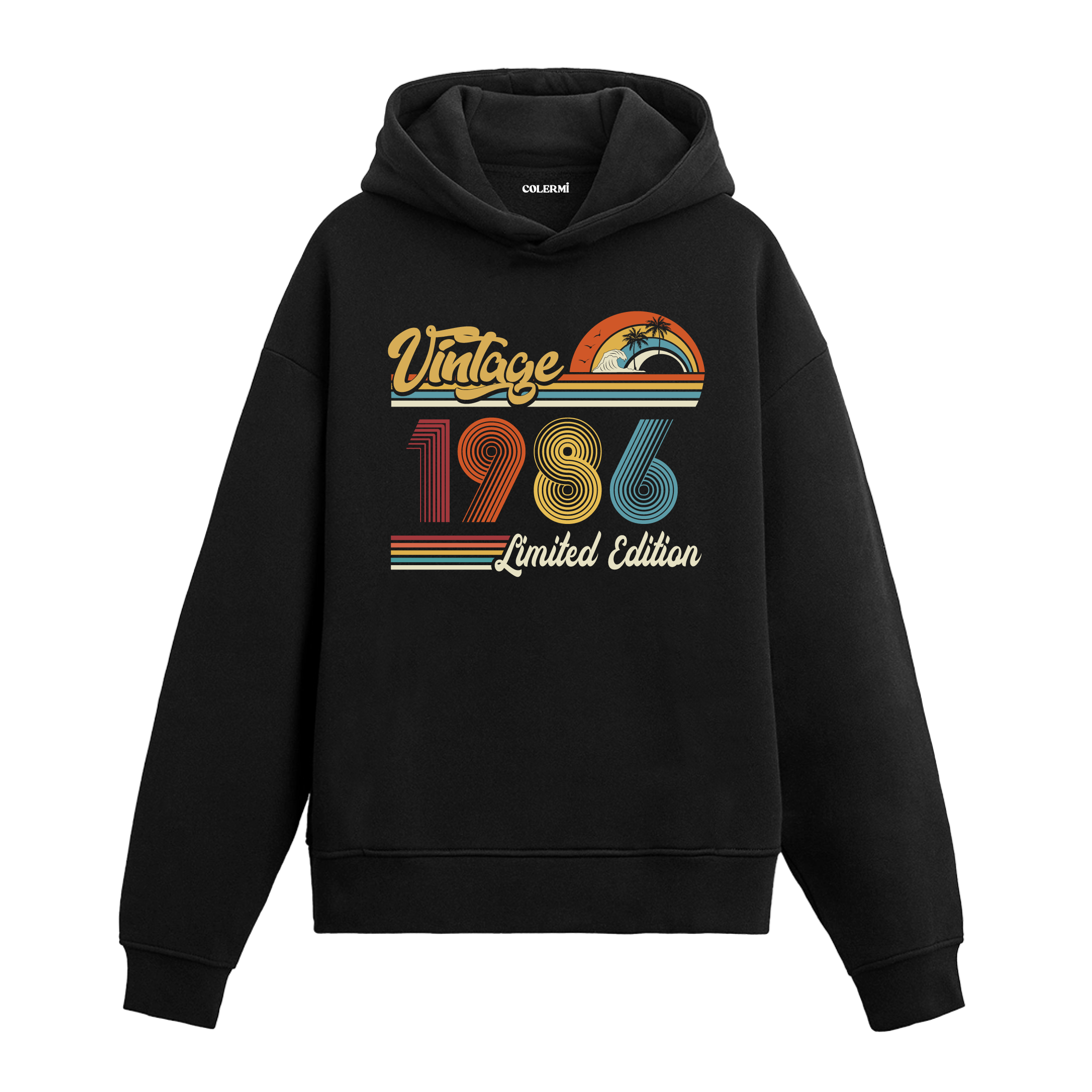 1986 doğum tarihli retro baskılı siyah vintage hoodie