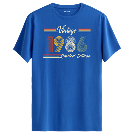 1986 yazılı klasik vintage retro tasarımlı mavi tişört