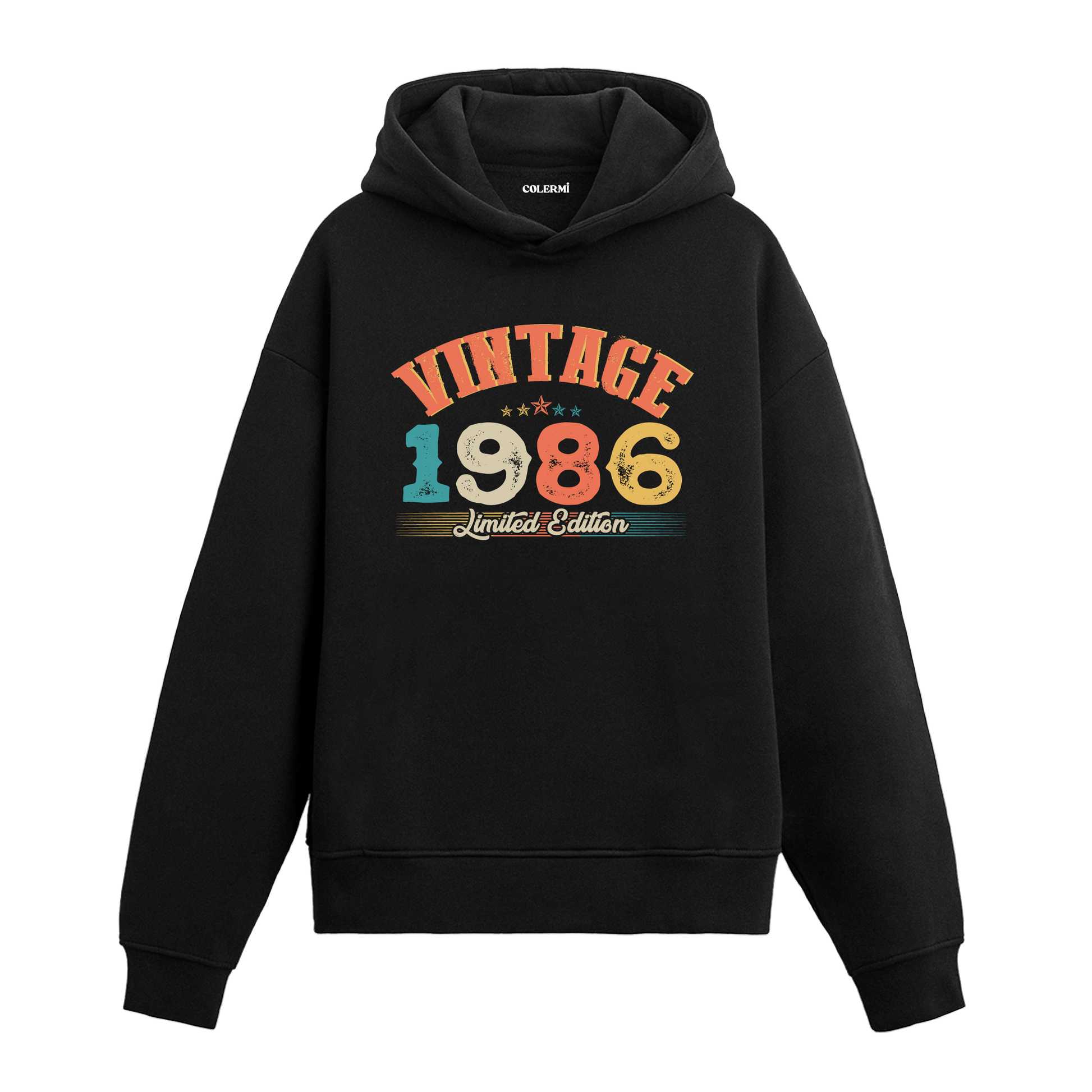 1986 yılına özel tasarlanmış siyah Vintage Hoodie Echo, retro yazı ve yıl baskılı modern hoodie modeli.