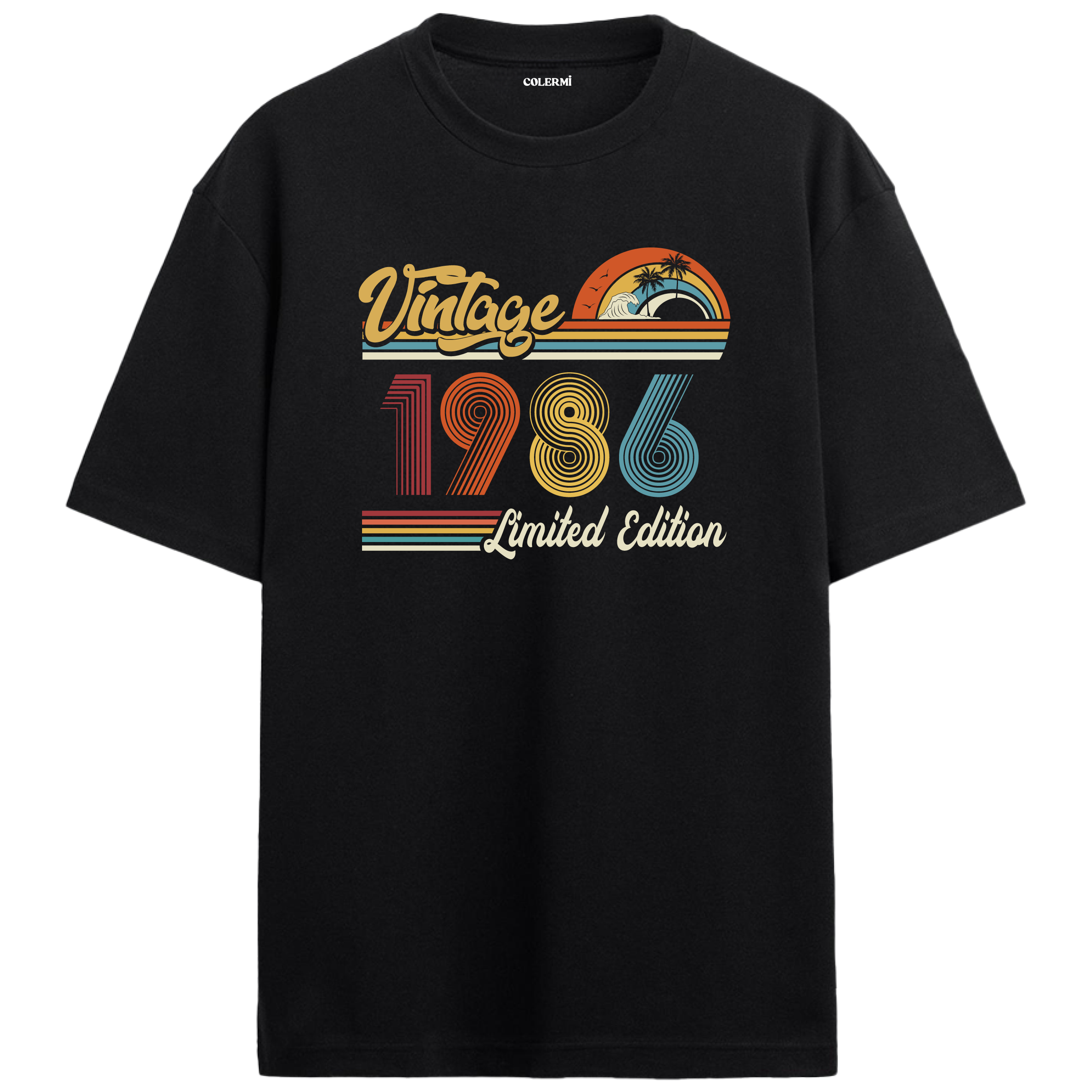 1986 Vintage siyah oversize tişört, retro baskısıyla nostaljik bir doğum günü hediyesi seçeneği sunar.