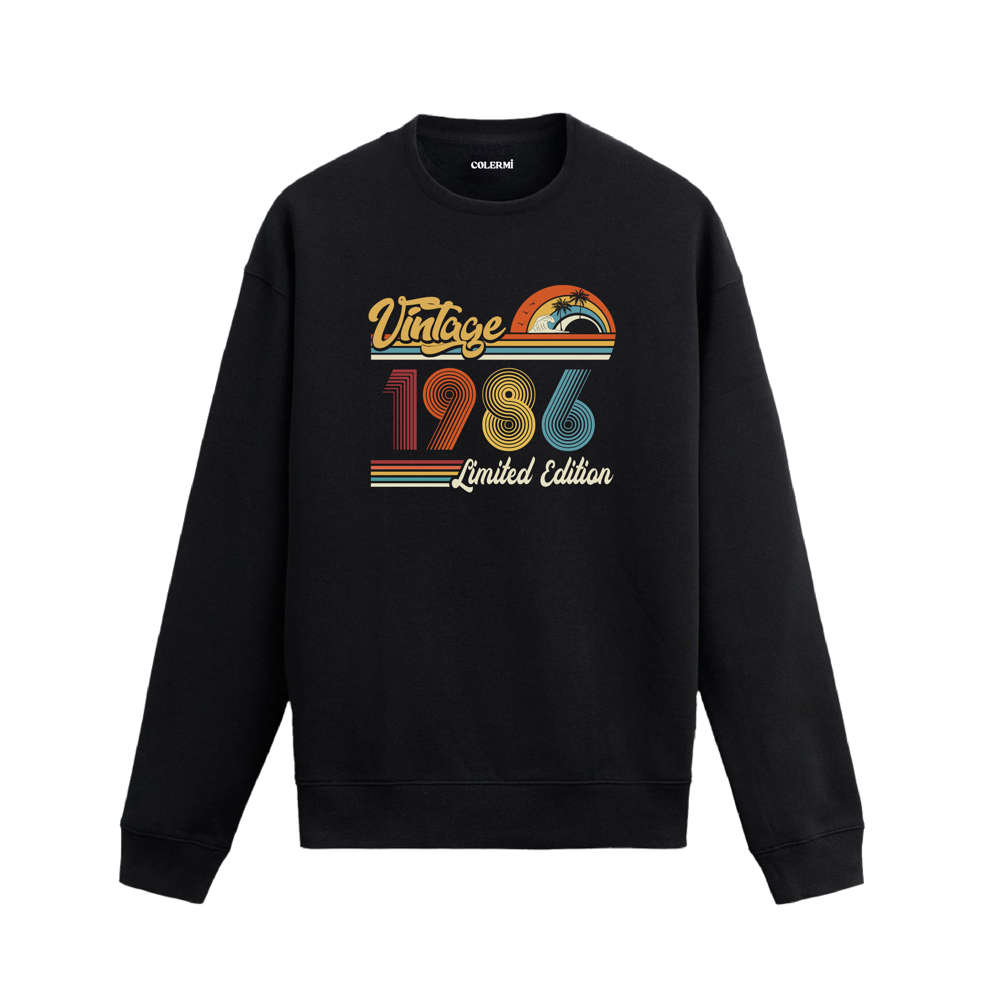 1986 Vintage sweatshirt, retro baskılı siyah sweatshirt