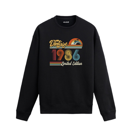 1986 Vintage sweatshirt, retro baskılı siyah sweatshirt