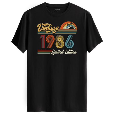 1986 Vintage siyah tişört, retro baskısıyla nostaljik bir doğum günü hediyesi seçeneği sunar.