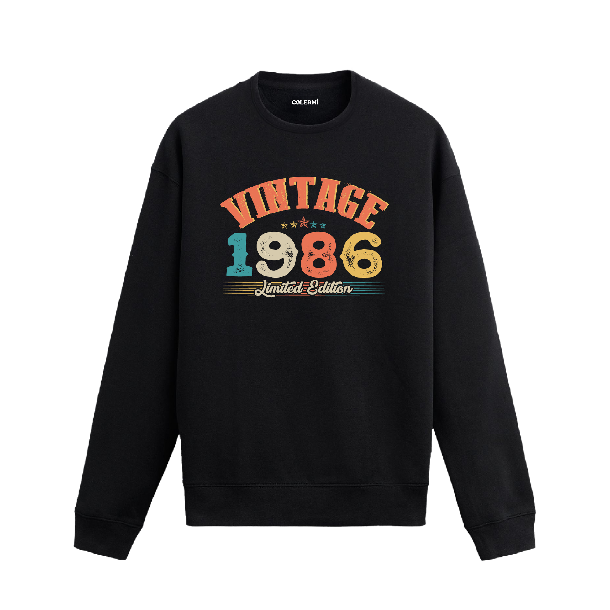 1986 yılına özel siyah Vintage Sweatshirt Echo, retro tasarımlı yıl baskılı sweatshirt modeli.