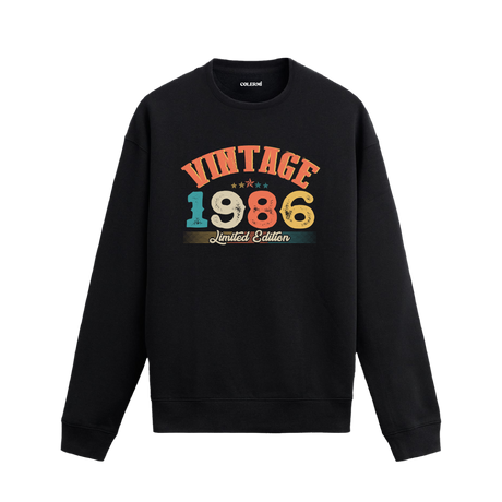 1986 yılına özel siyah Vintage Sweatshirt Echo, retro tasarımlı yıl baskılı sweatshirt modeli.