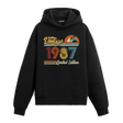 1987 doğum tarihli retro baskılı siyah vintage hoodie