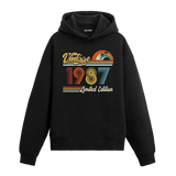 1987 doğum tarihli retro baskılı siyah vintage hoodie