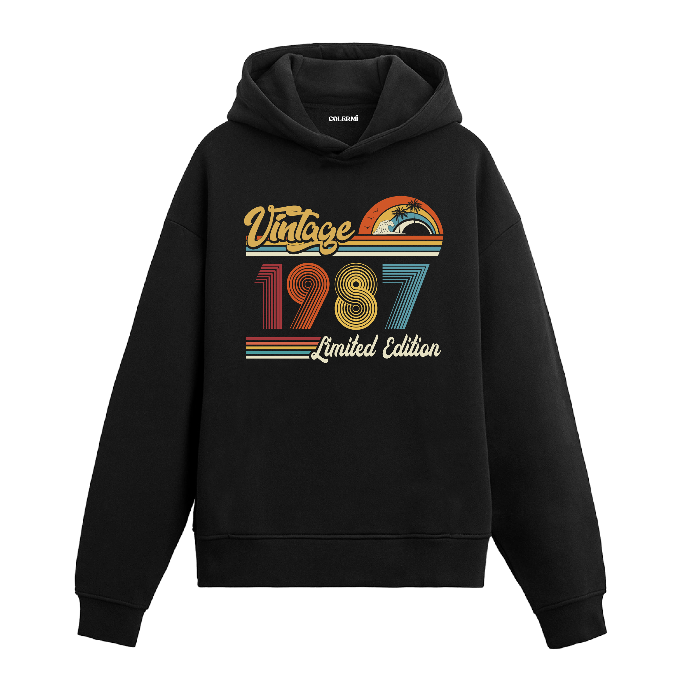 1987 doğum tarihli retro baskılı siyah vintage hoodie