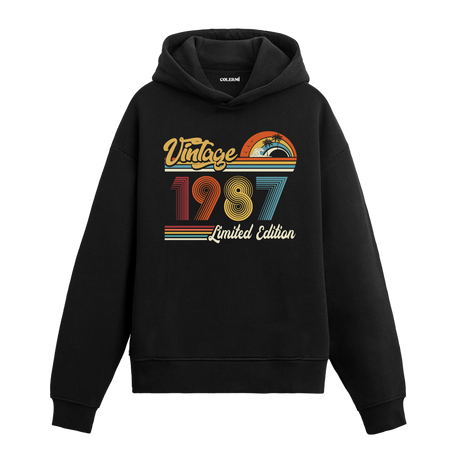 1987 doğum tarihli retro baskılı siyah vintage hoodie
