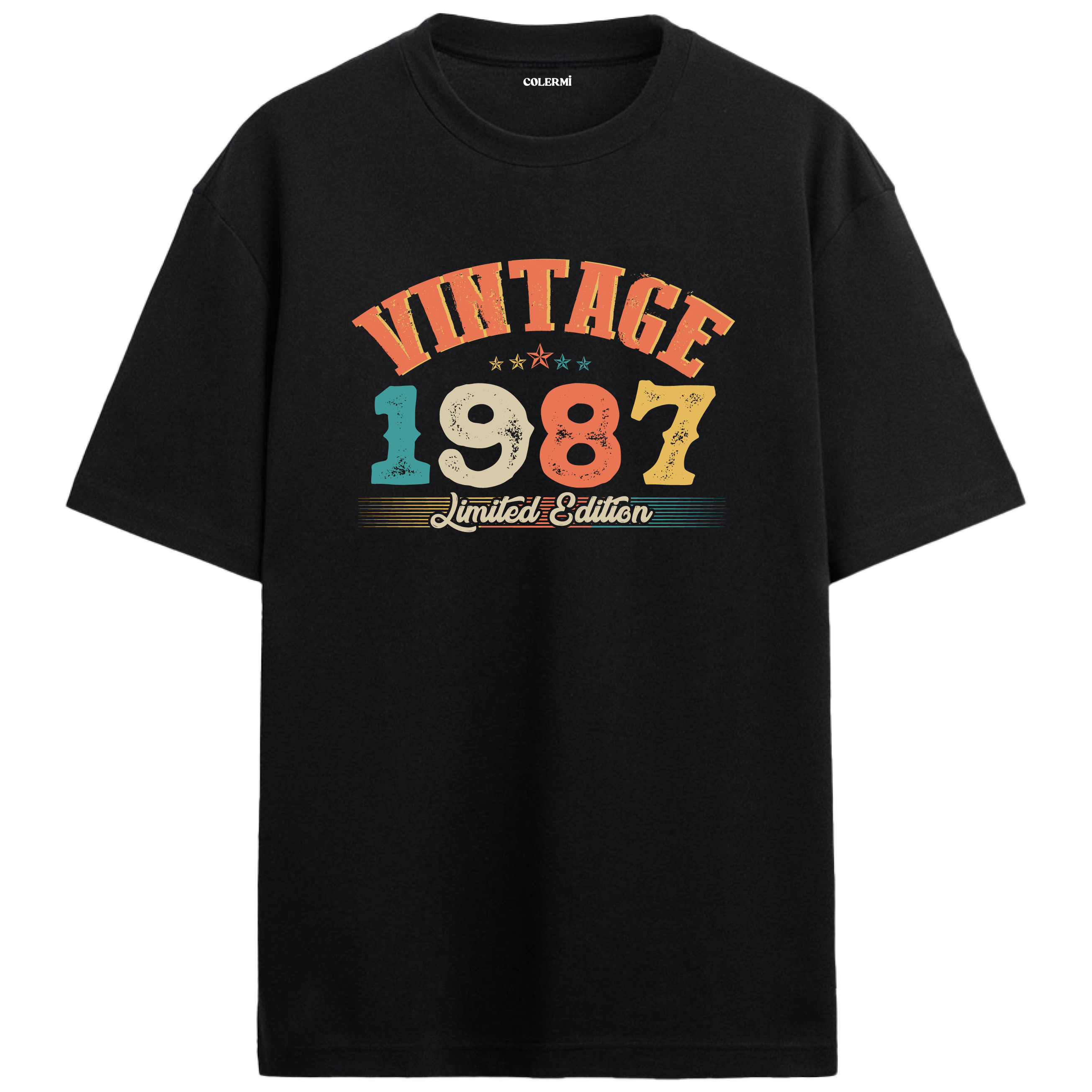 1987 Vintage Echo siyah oversize tişört, pamuk kumaşıyla yumuşak ve rahat bir doğum günü hediyesi seçeneği sunar.