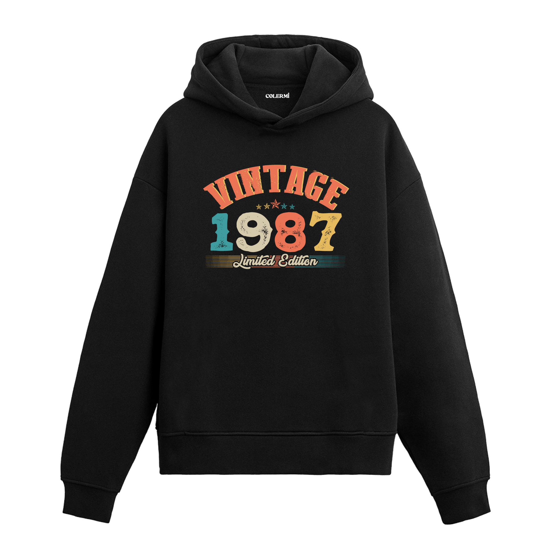 1987 yılına özel tasarlanmış siyah Vintage Hoodie Echo, retro yazı ve yıl baskılı modern hoodie modeli.